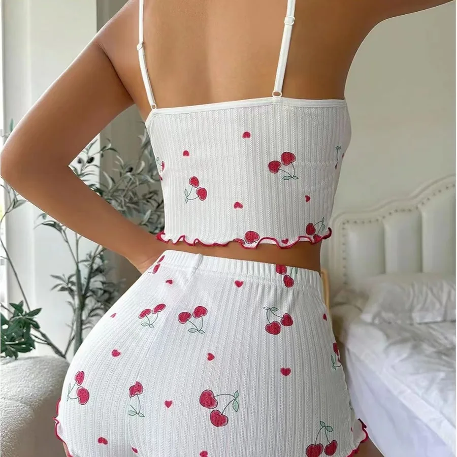 Pyjamas med cami-topp i körsbärstryck och rosett