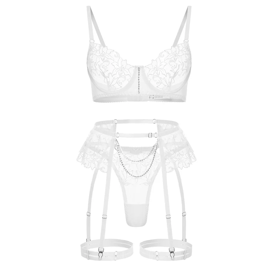 Ensemble lingerie quatre pièces en maille brodée