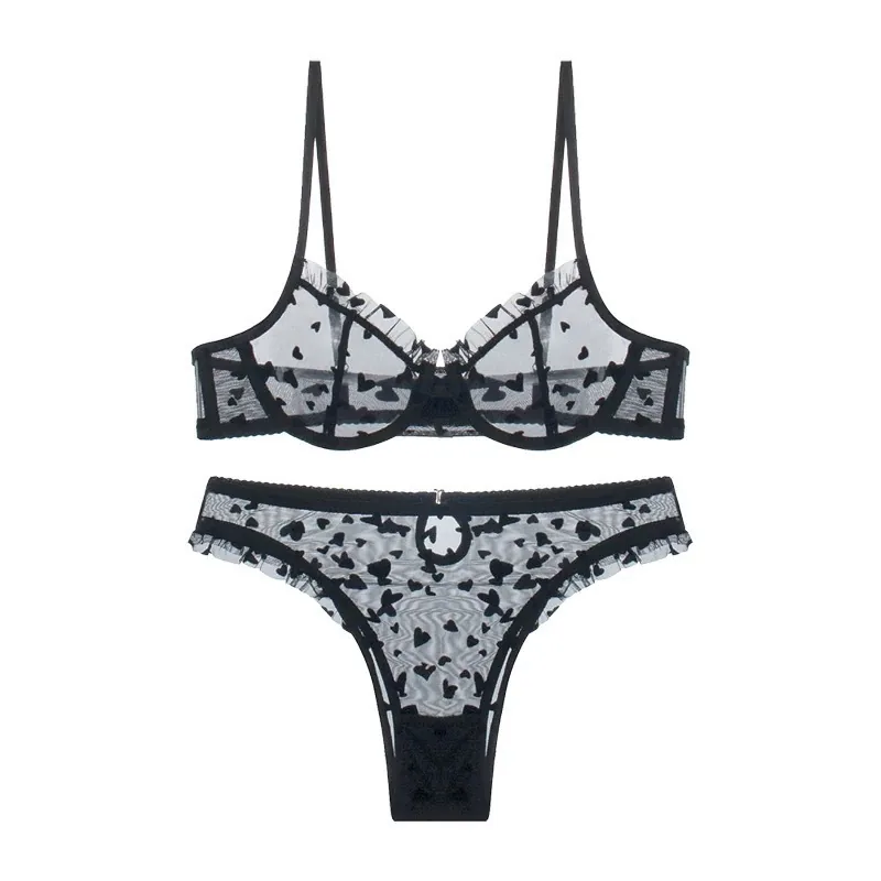 Ensemble soutien-gorge en dentelle transparent à motif cœur