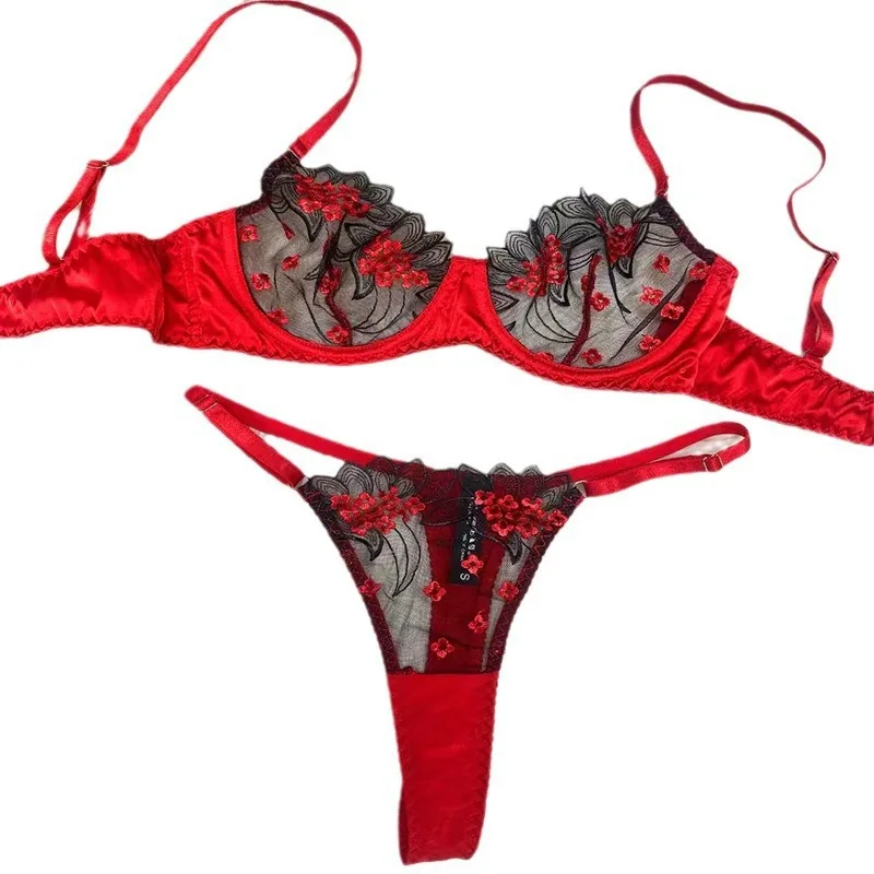 Blomsterbroderad mesh bh set