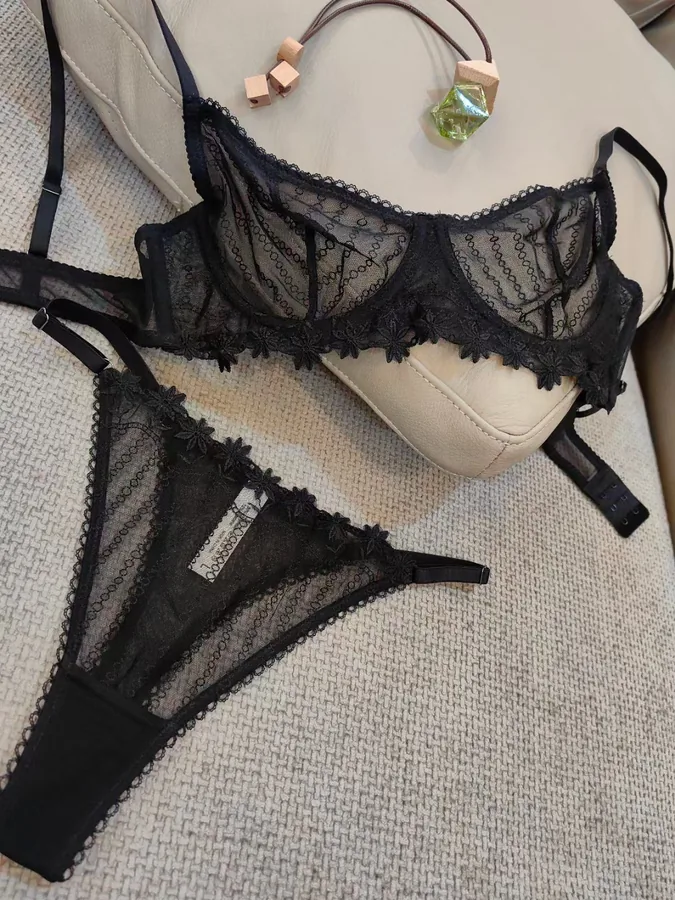 Ensemble soutien-gorge français en dentelle brodée ultra-transparente