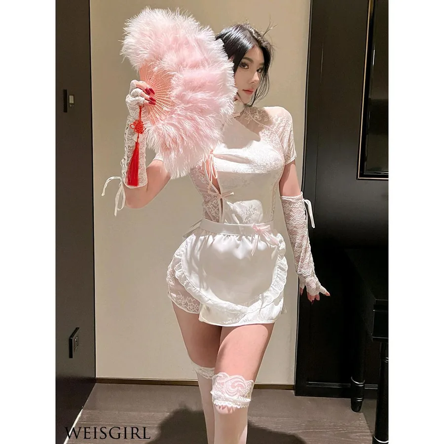 Przezroczysty kostium do odgrywania roli z fartuchem w stylu qipao