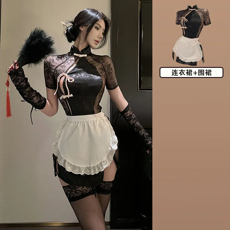 Przezroczysty kostium do odgrywania roli z fartuchem w stylu qipao