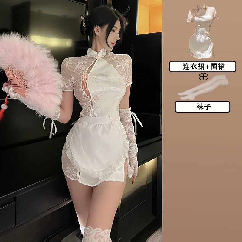 Przezroczysty kostium do odgrywania roli z fartuchem w stylu qipao