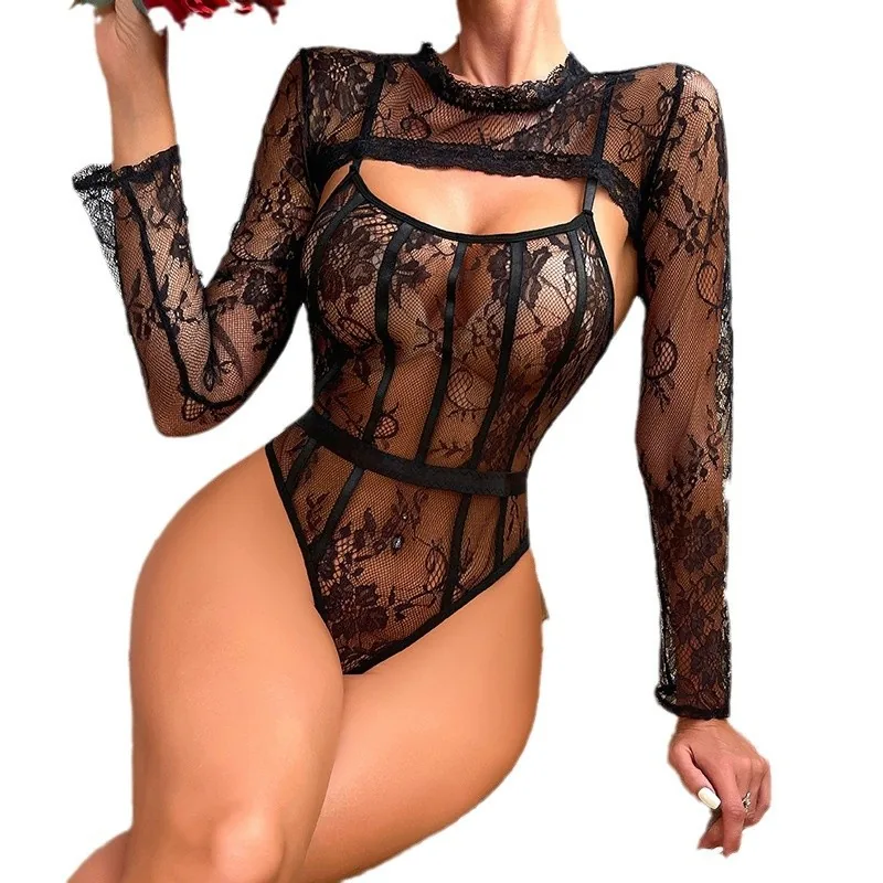 Langmouwige bodysuit van transparant bedrukt gaas