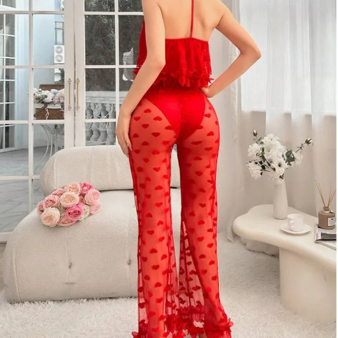 Ensemble caraco et pantalon en résille imprimé cœur