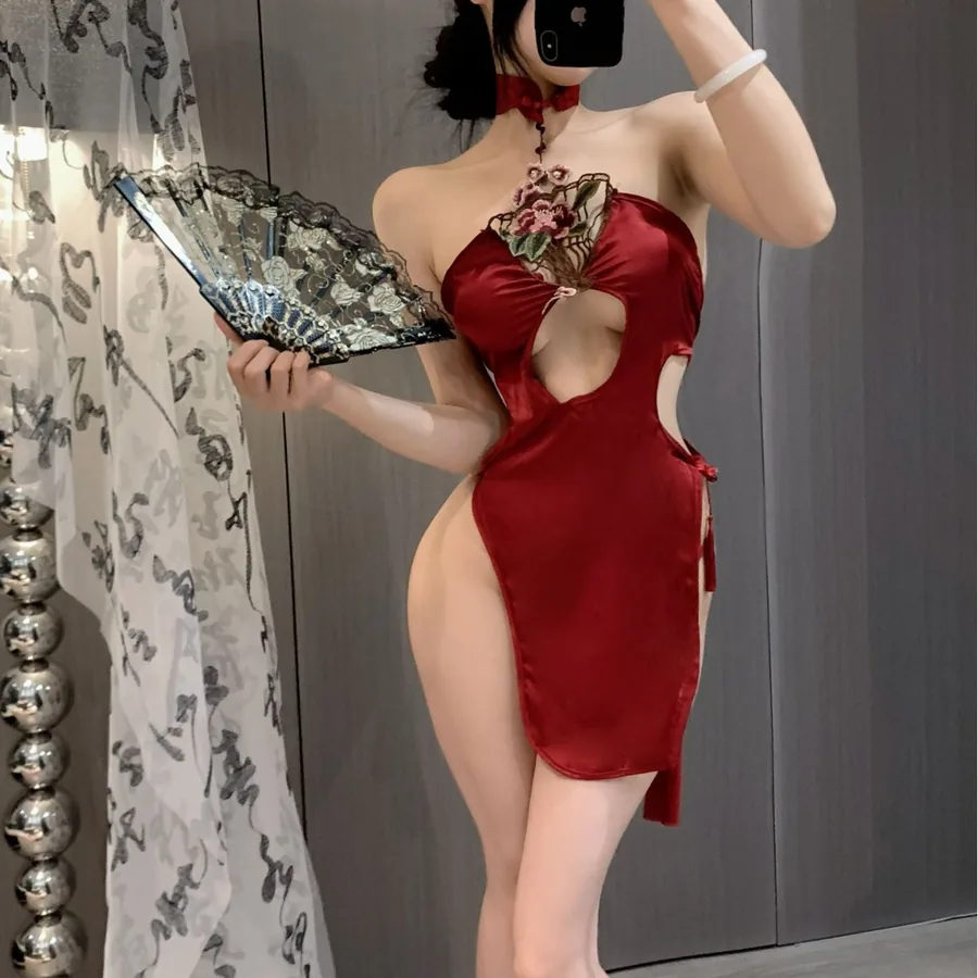 Conjunto de vestido lencero cheongsam con peonía bordada