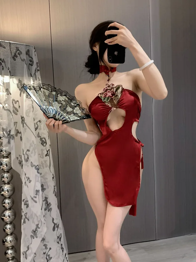 Conjunto de vestido lencero cheongsam con peonía bordada