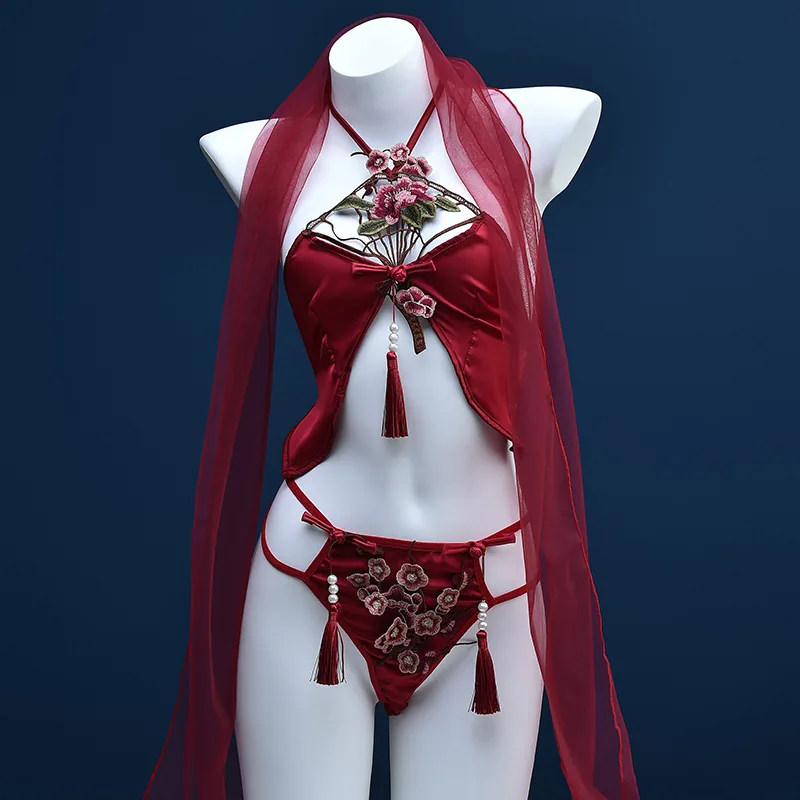 Conjunto de vestido lencero cheongsam con peonía bordada