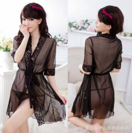 Ensemble peignoir en dentelle transparente et masque pour les yeux