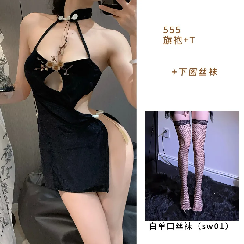 Abito qipao in velluto ricamato