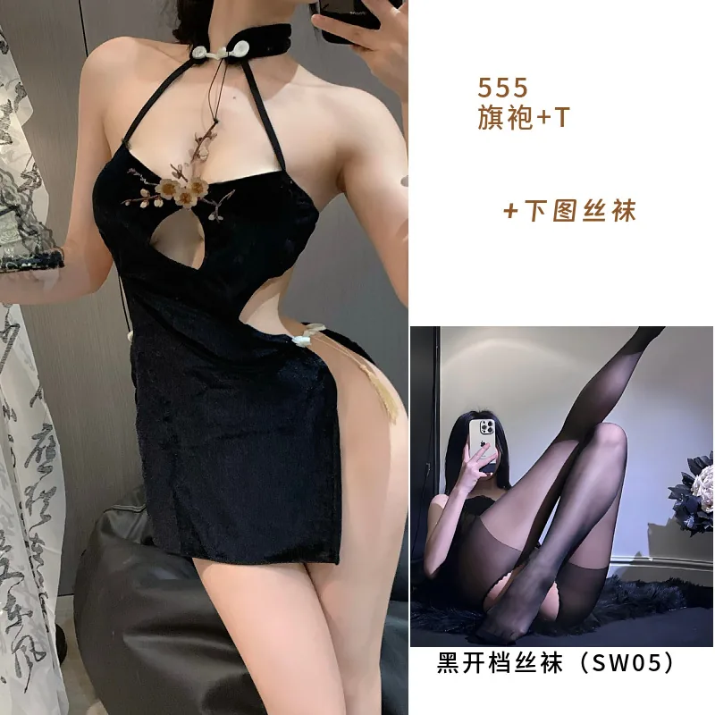 Abito qipao in velluto ricamato
