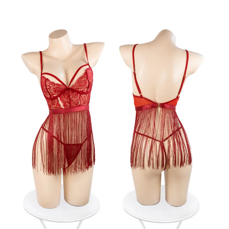 Costume nuisette caraco à franges en dentelle transparente