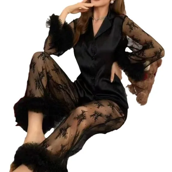 Zweiteiliges Langarm-Pyjama-Set aus Mesh und Fell