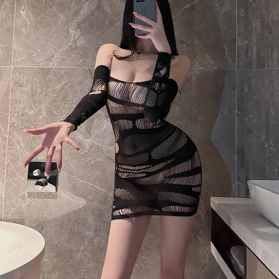 Abito body in rete a maniche lunghe