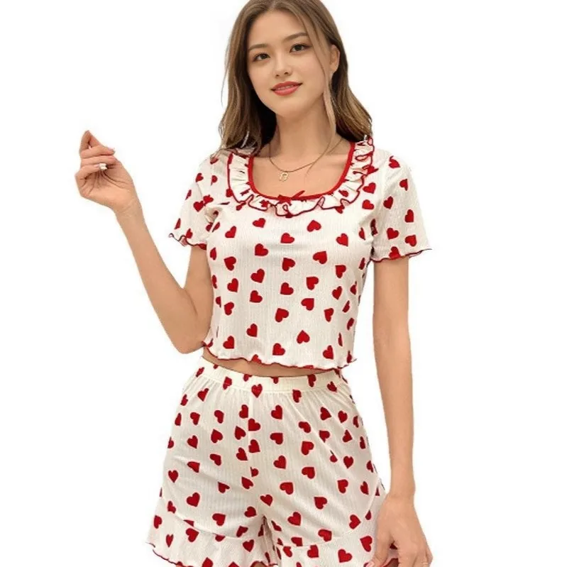 Herzprint-Rüschen-Unterhemd und Shorts-Set