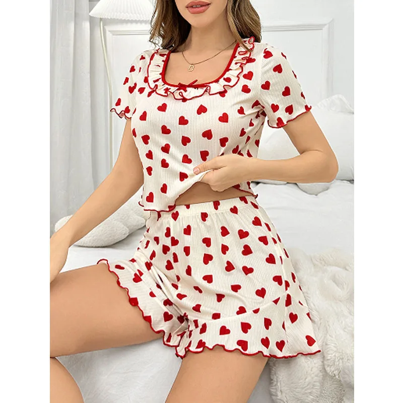 Herzprint-Rüschen-Unterhemd und Shorts-Set
