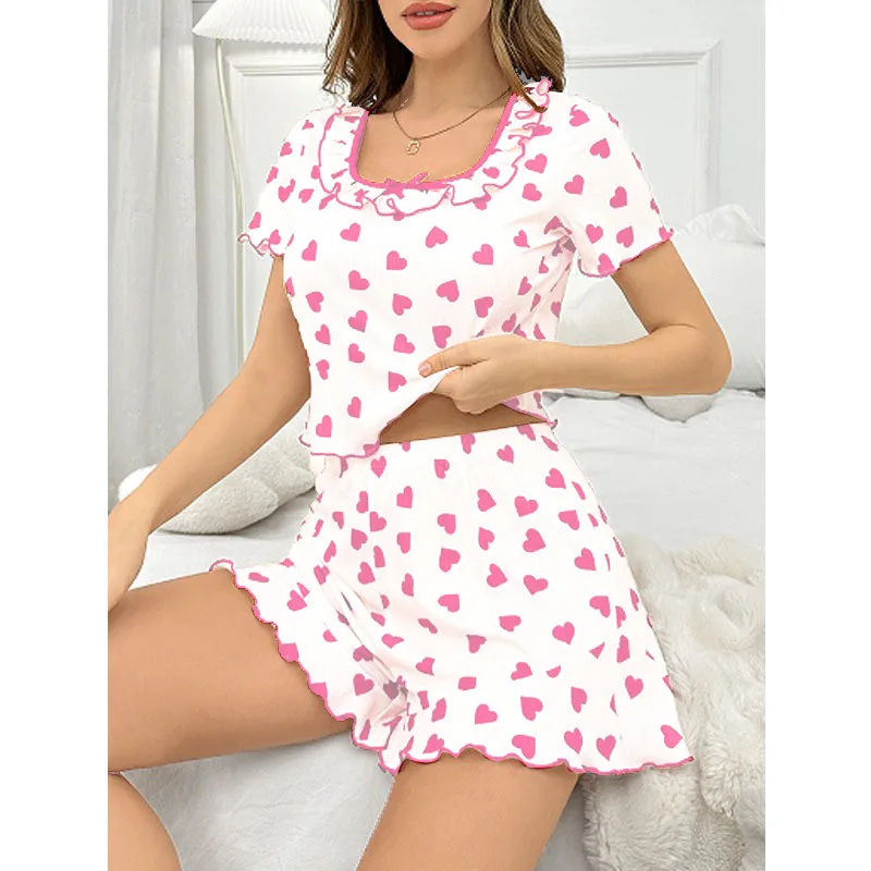 Herzprint-Rüschen-Unterhemd und Shorts-Set
