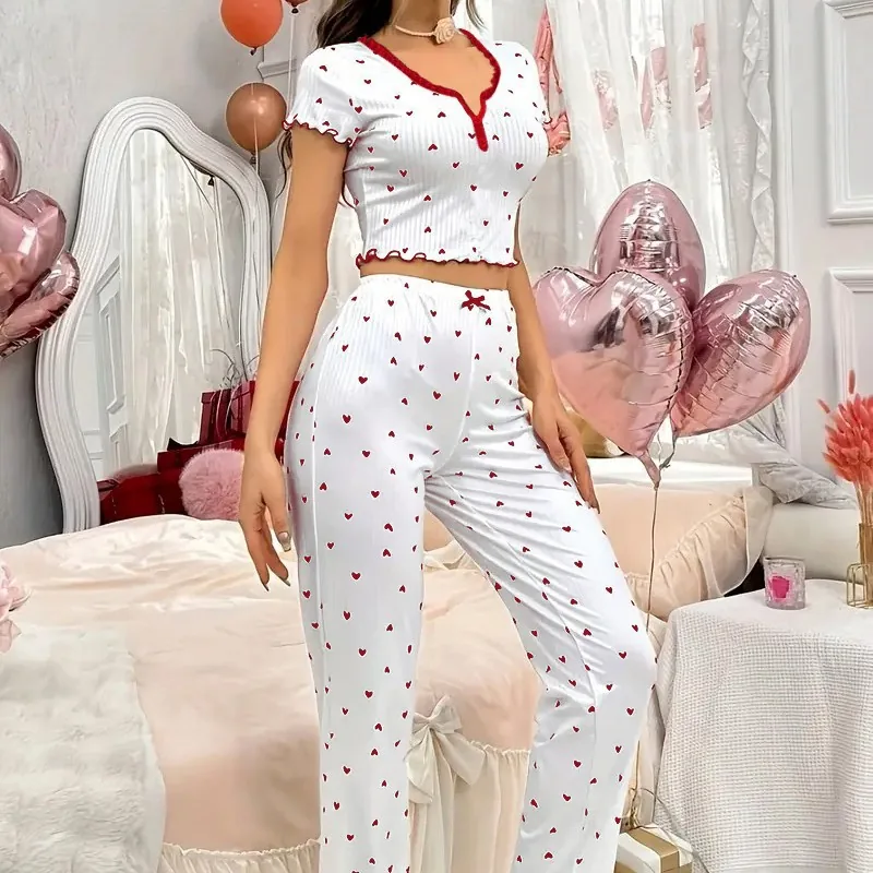 Ensemble de pyjama côtelé à imprimé de cœurs