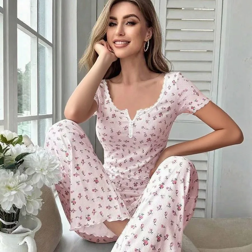 Ensemble de pyjama côtelé à imprimé de cœurs