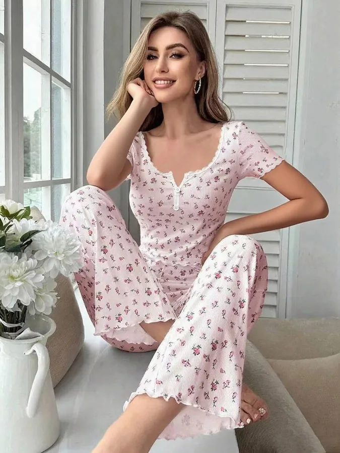 Ensemble de pyjama côtelé à imprimé de cœurs