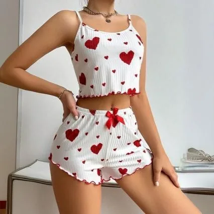 Ripp-Unterhemd und Shorts-Set mit Herzprint