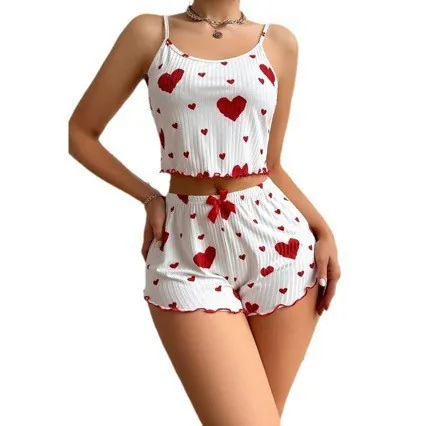 Ripp-Unterhemd und Shorts-Set mit Herzprint