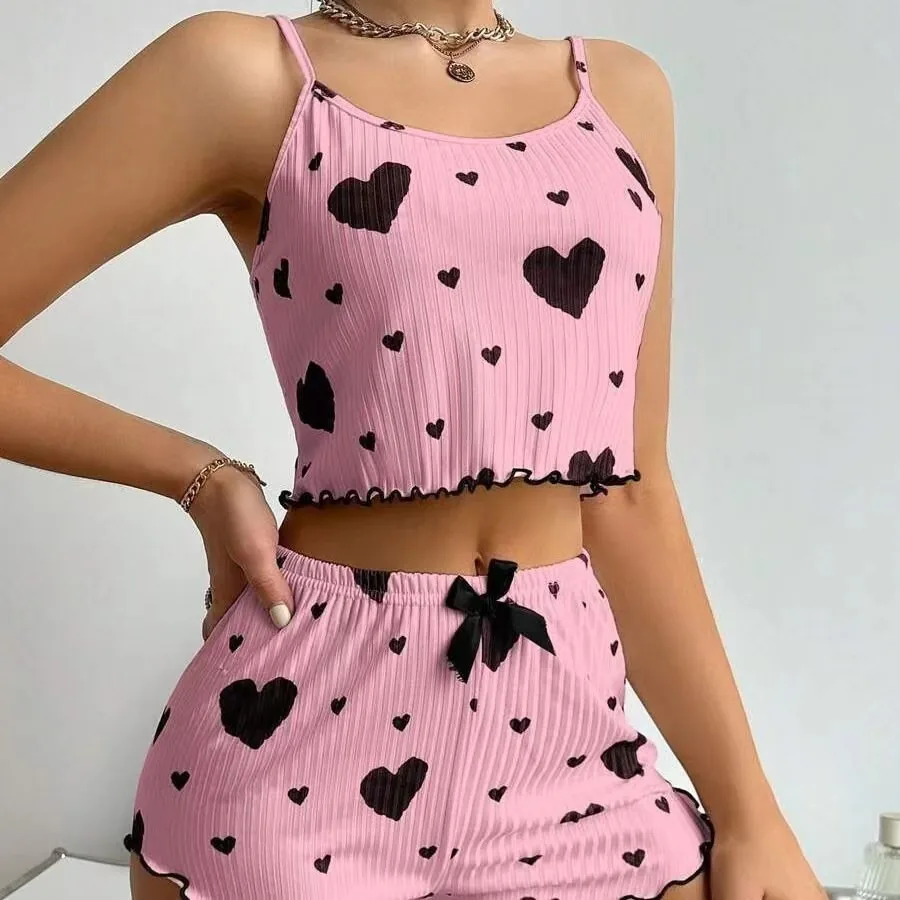 Ripp-Unterhemd und Shorts-Set mit Herzprint
