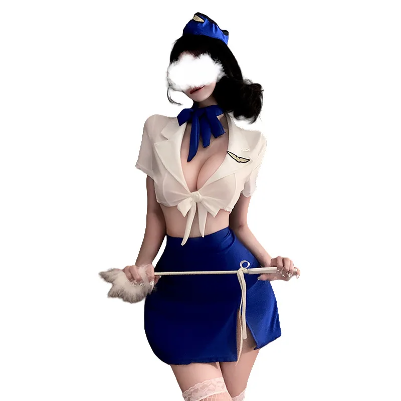 Fantasia cosplay de comissária de bordo com decote V profundo