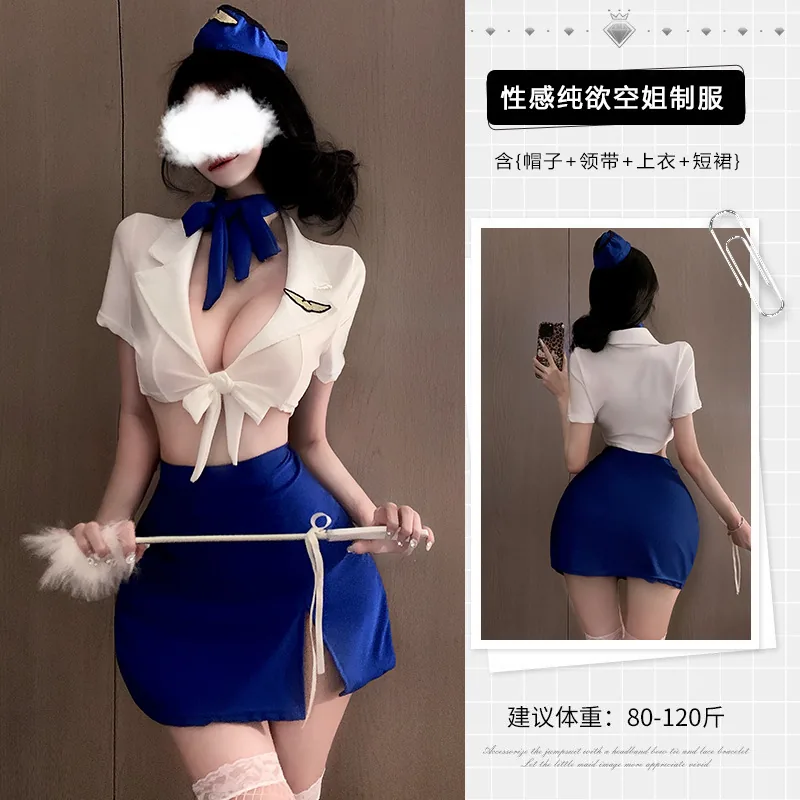 Fantasia cosplay de comissária de bordo com decote V profundo