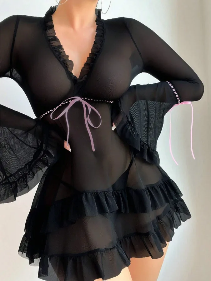 Nachthemd-Set aus Spitzen-Mesh mit Punkten