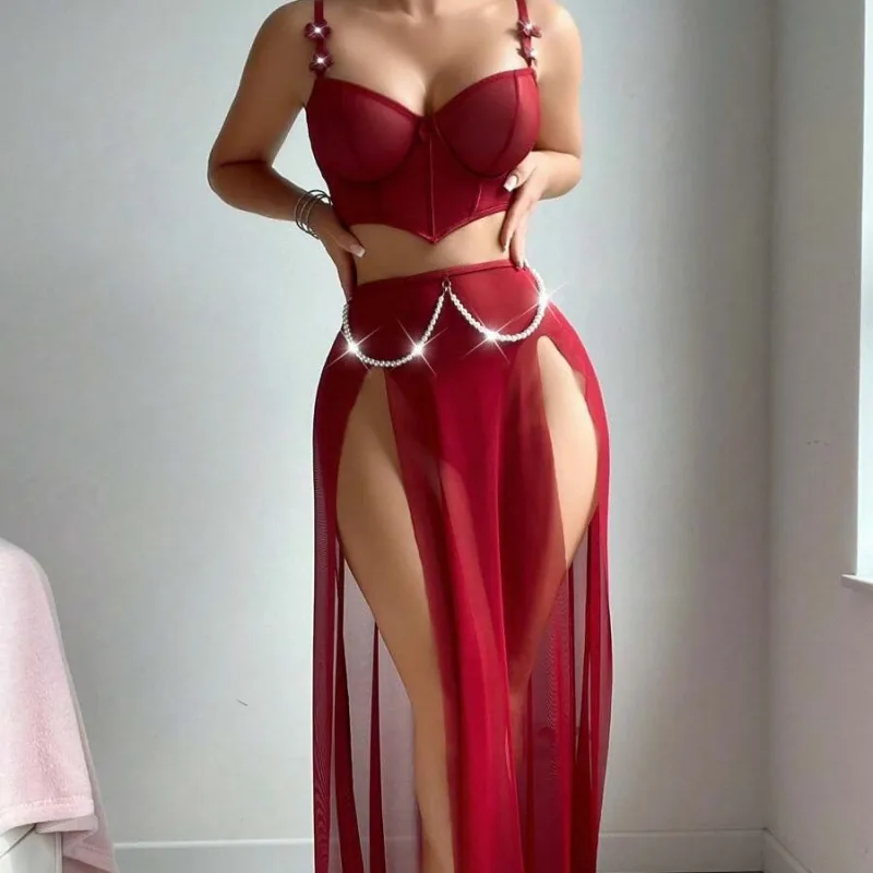 Conjunto de dos piezas con vestido largo de malla transparente con abertura