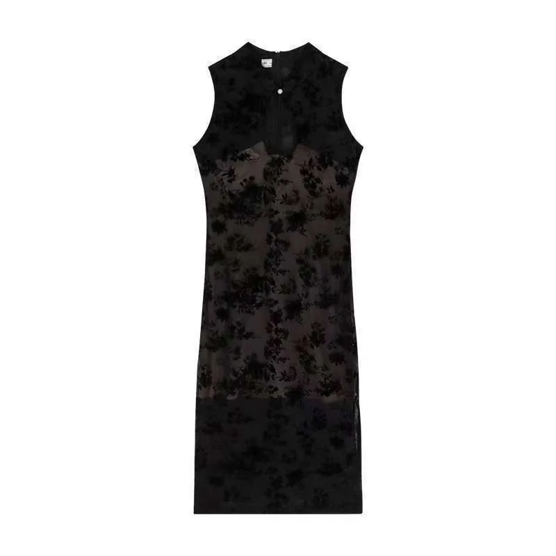 Abito aderente qipao con ricami e cutout