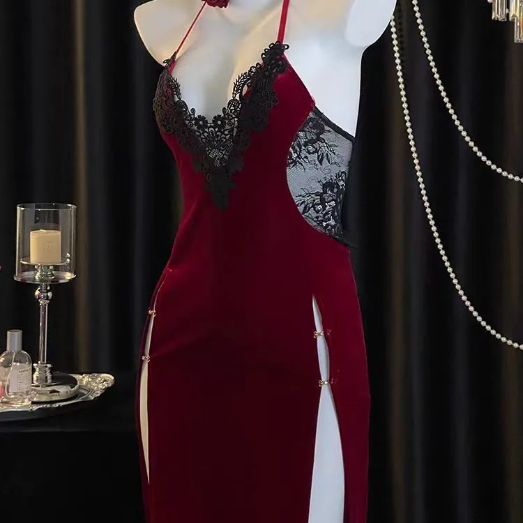 Kostymset vintagerollspel med spets-cheongsam