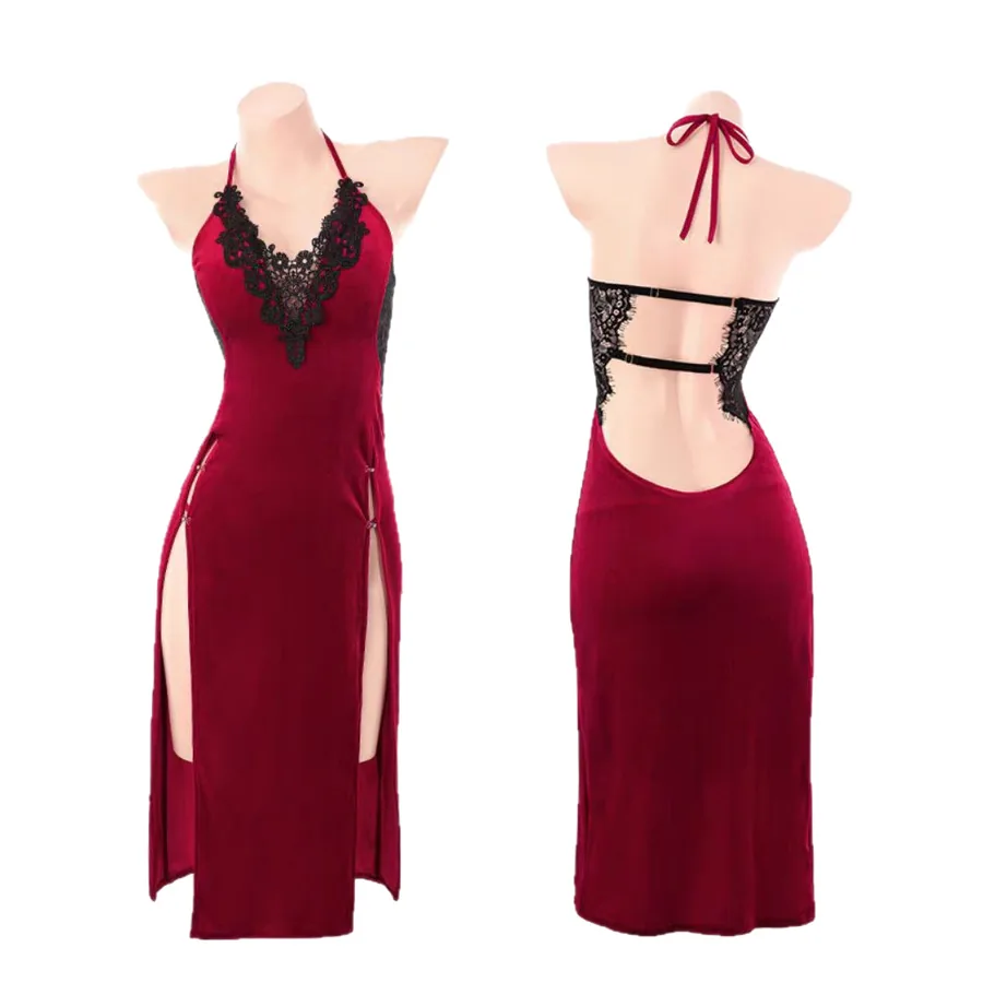 Kostymset vintagerollspel med spets-cheongsam