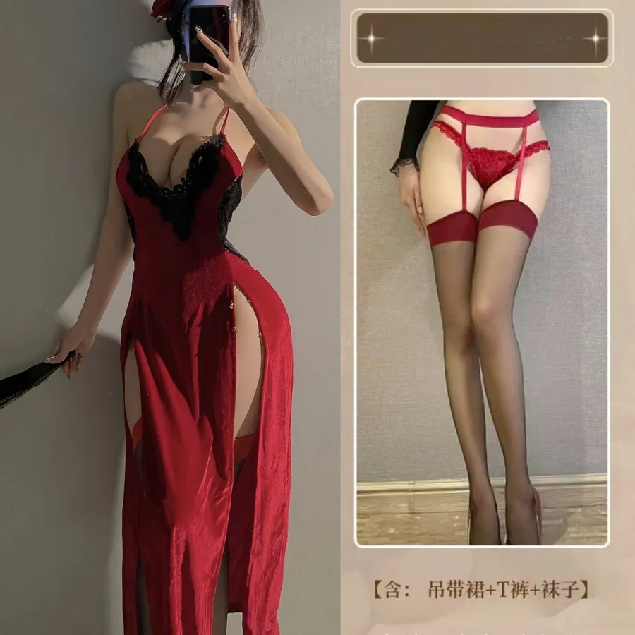 Kostymset vintagerollspel med spets-cheongsam