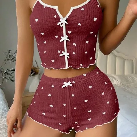 Herzprint-Cami-Pyjama-Set mit Frontschlitz