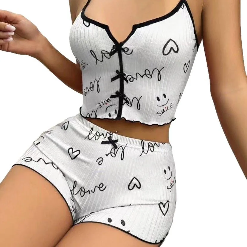 Herzprint-Cami-Pyjama-Set mit Frontschlitz