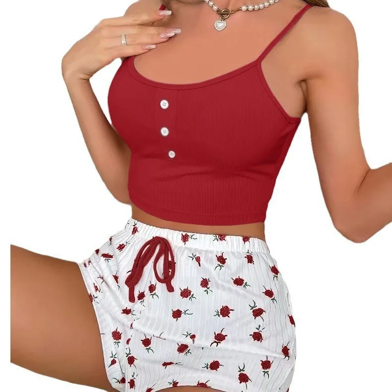 Conjunto de pijama de camisola y shorts acanalado estampado