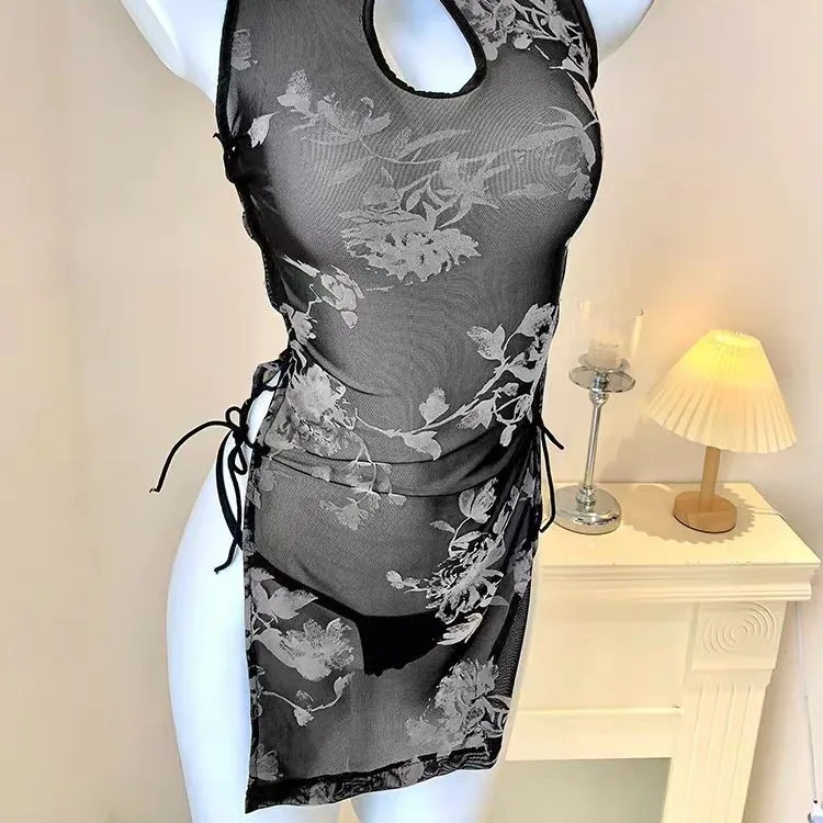 Abito Qipao con Allacciatura Posteriore in Lavaggio a Inchiostro