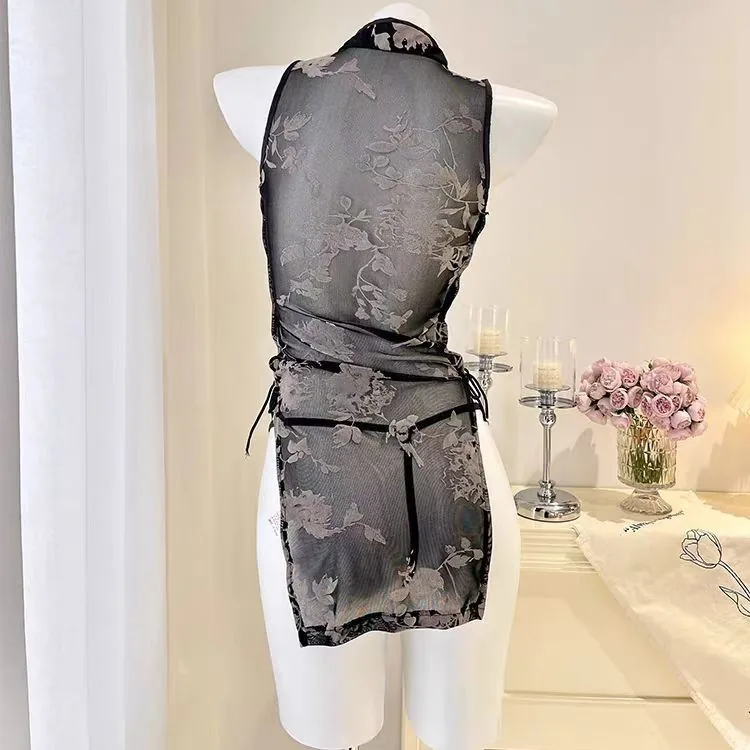 Abito Qipao con Allacciatura Posteriore in Lavaggio a Inchiostro