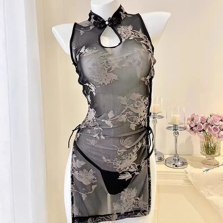 Abito Qipao con Allacciatura Posteriore in Lavaggio a Inchiostro