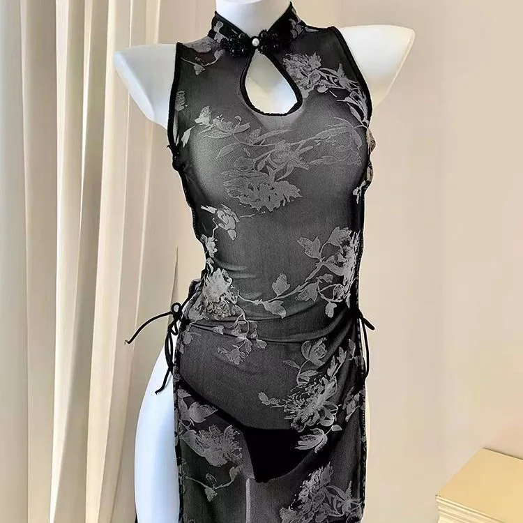Abito Qipao con Allacciatura Posteriore in Lavaggio a Inchiostro