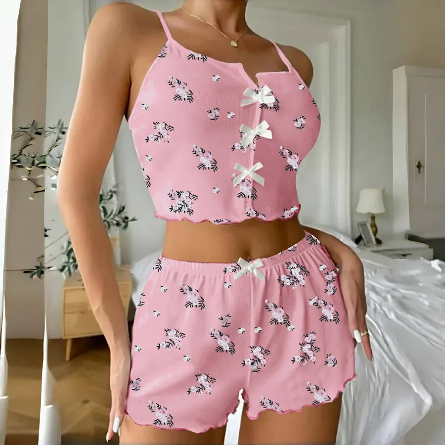 Ensemble pyjama caraco et short imprimé fleurs et papillons