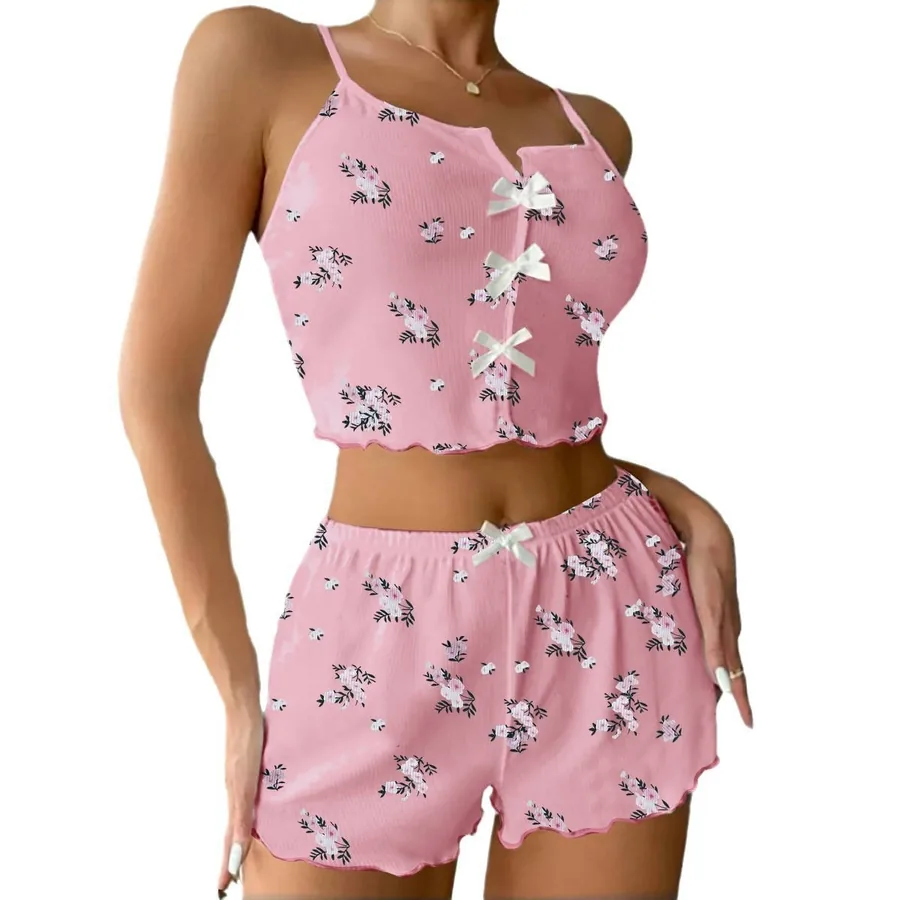 Ensemble pyjama caraco et short imprimé fleurs et papillons