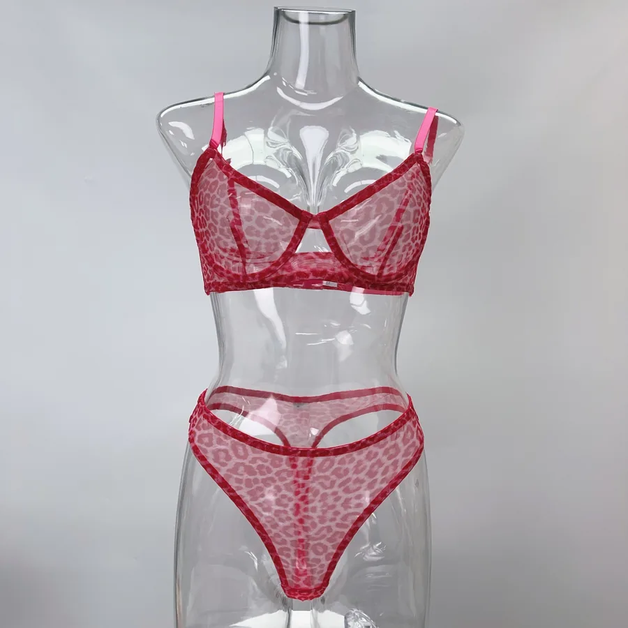 Conjunto de sujetador y braguita de malla leopardo
