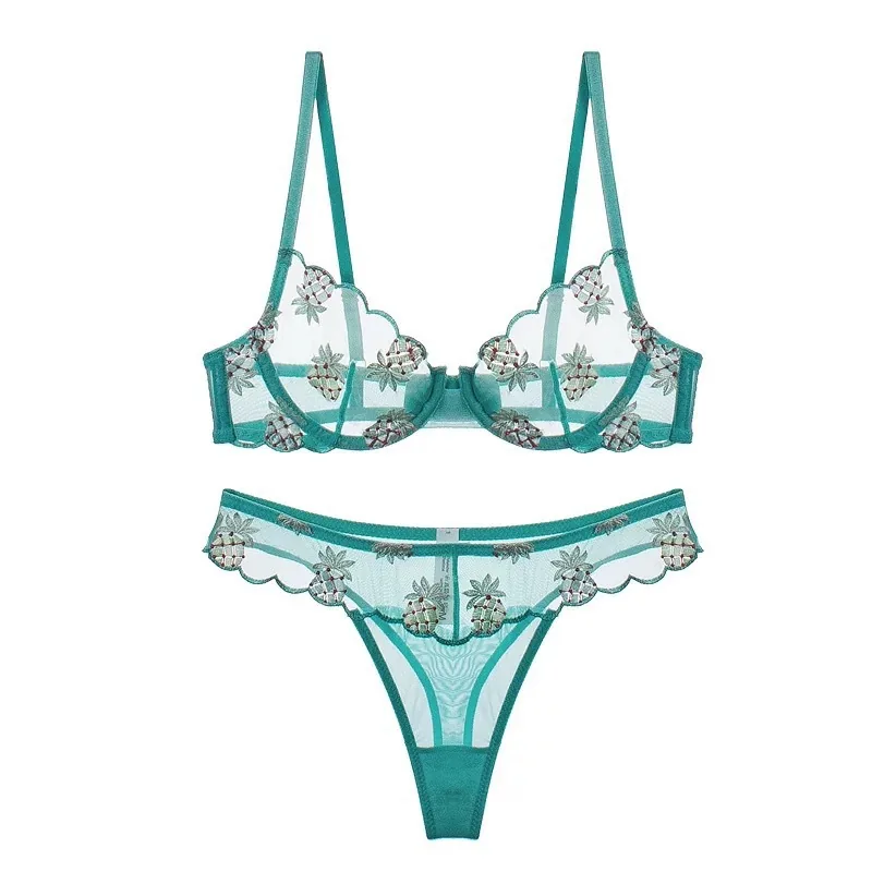 Conjunto de Sutiã de Renda Abacaxi com Malha Ultra Transparente