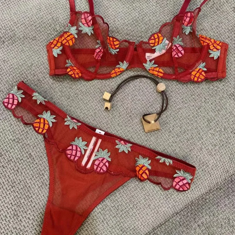 Conjunto de Sutiã de Renda Abacaxi com Malha Ultra Transparente