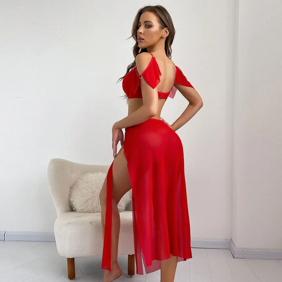 Ensemble robe longue fendue en maille à épaules dénudées