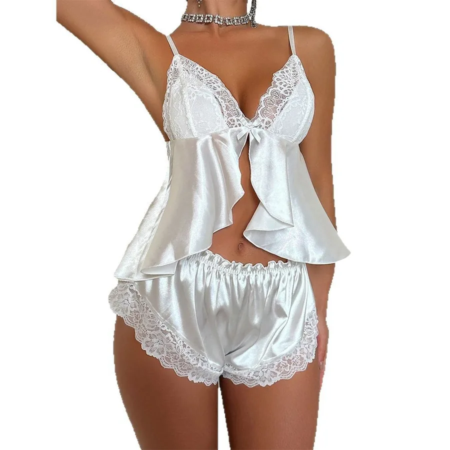 Vestido slip estilo francês com laço de renda transparente